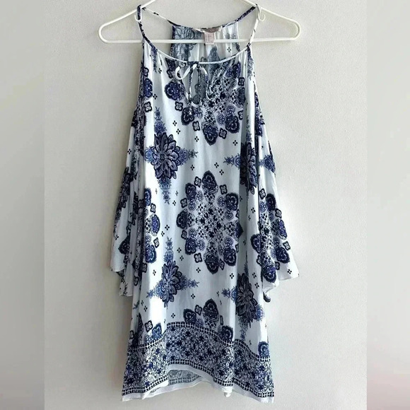 Forever 21 Contemporary Blue Floral Cold Shoulder Bell Sleeve Dress, Size XS - Picture 3 of 16